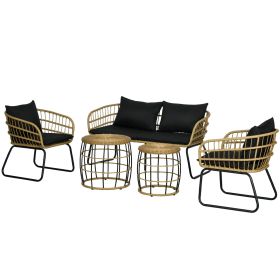 Outsunny 5-Piece Rattan Patio Furniture Set, Includes Cushioned Loveseat, Chairs, and Stackable Tables, Black