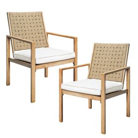 Set of 2 Patio Chairs, Hand-Made Drawstring Outdoor Dining Chairs Waterproof with Cushion, Metal Chairs for Patio, Deck, Garden, Yard - Wood Grain