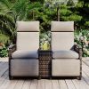 GO Patio Recliner Loveseat Chair, Adjustable Backrest Wicker Outdoor Lounge Chair Set with Acacia Wood Armrests and Built-in Storage Table for Balcony