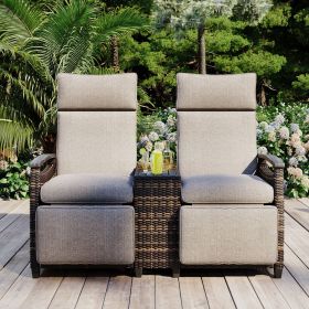 GO Patio Recliner Loveseat Chair, Adjustable Backrest Wicker Outdoor Lounge Chair Set with Acacia Wood Armrests and Built-in Storage Table for Balcony