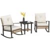 Outsunny 3 Pieces Bistro Set, Patio Wicker Furniture Set with Button Tufted Cushions, Rattan Rocking Chairs, Coffee Table, White