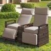 GO Patio Recliner Loveseat Chair, Adjustable Backrest Wicker Outdoor Lounge Chair Set with Acacia Wood Armrests and Built-in Storage Table for Balcony