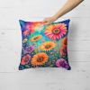 Colorful Gerbera Daisies Throw Pillow Machine Washable, Indoor Outdoor Decorative Pillow for Couch, Bed or Patio, 18Hx18W