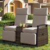 GO Patio Recliner Loveseat Chair, Adjustable Backrest Wicker Outdoor Lounge Chair Set with Acacia Wood Armrests and Built-in Storage Table for Balcony