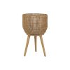 13 Inch Round Brown Resin Rattan Planter & Stand with Acacia Wood Legs