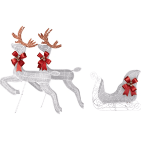 3-Piece Lighted Set Of 2 Reindeer & Sleigh, Weather Proof Christmas Outdoor Decorations With Pre-lit 270 LED White Lights And Stakes For Xmas Out (Option: As picture)