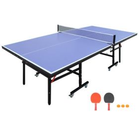 8ft Mid-Size Table Tennis Table Foldable & Portable Ping Pong Table Set For Indoor Games With Net, 2 Table Tennis Paddles And 3 Balls (Color: Blue)