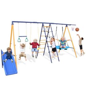 500 Lbs 7 In 1 Swing Set For Kids  Outdoor A Frame Heavy  Metal Swing Sets With Slide  2 Swing Seats 1 Climbing Net   Ladder 1 Gym Ring 1 Basket (Option: Multicolor)