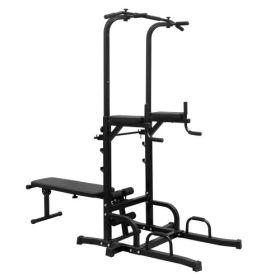 Power Tower Dip Station With Bench Pull Up Bar Stand Adjustable Height Heavy Duty Multi-Function Fitness Training Equipment For Home Office Gym (Color: Black)