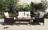 GO 4-Piece Garden Furniture, Patio Seating Set, PE Rattan Outdoor Sofa Set, Wood Table and Legs, Brown and Beige